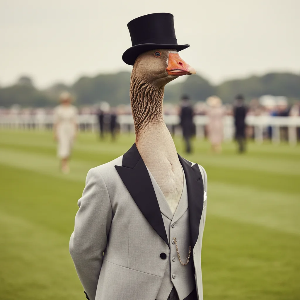 A goose in tailored couture, photographed for the atelier.