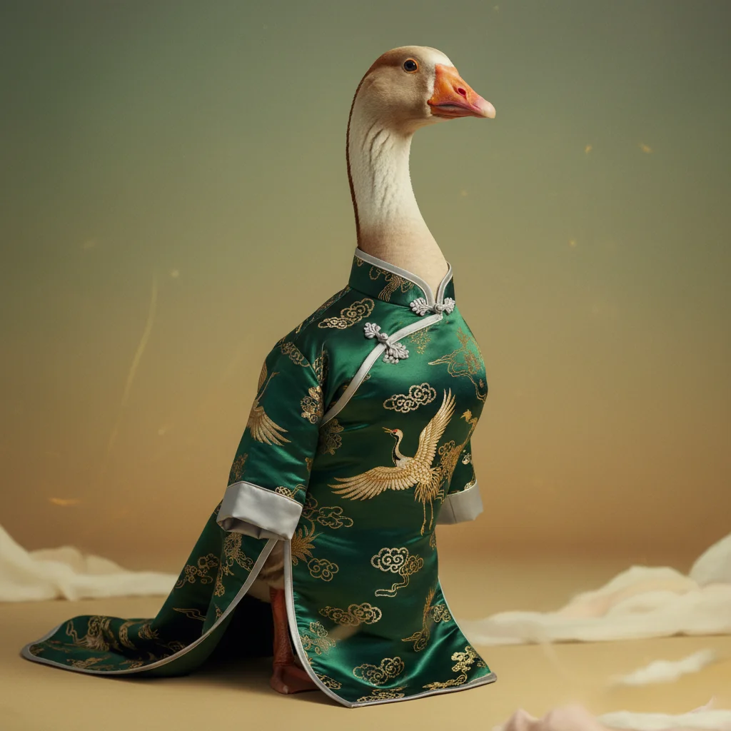 Cordelia, a Chinese goose in an embroidered emerald cheongsam.