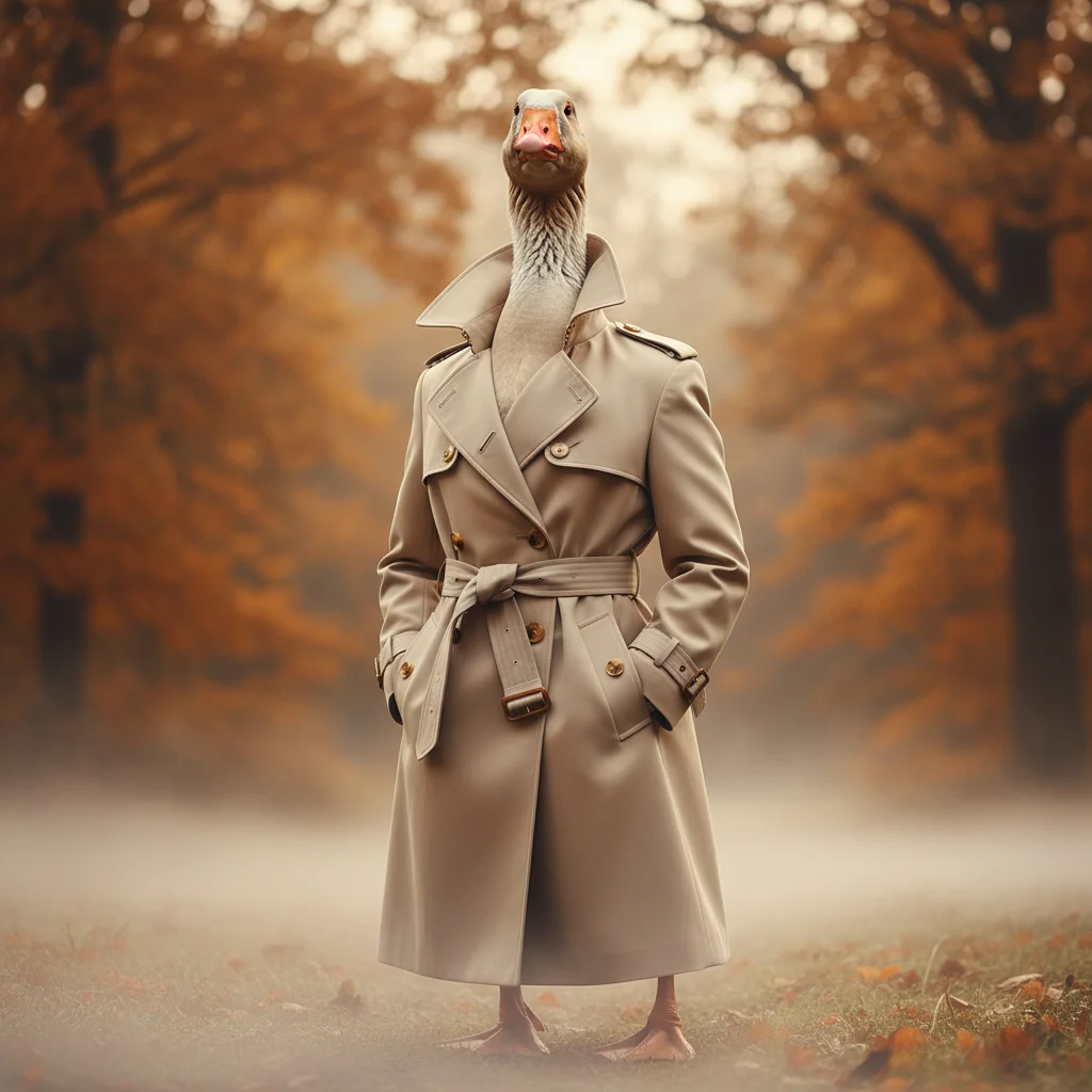 Daphne, a Pilgrim goose in a structured trench coat in autumn mist.