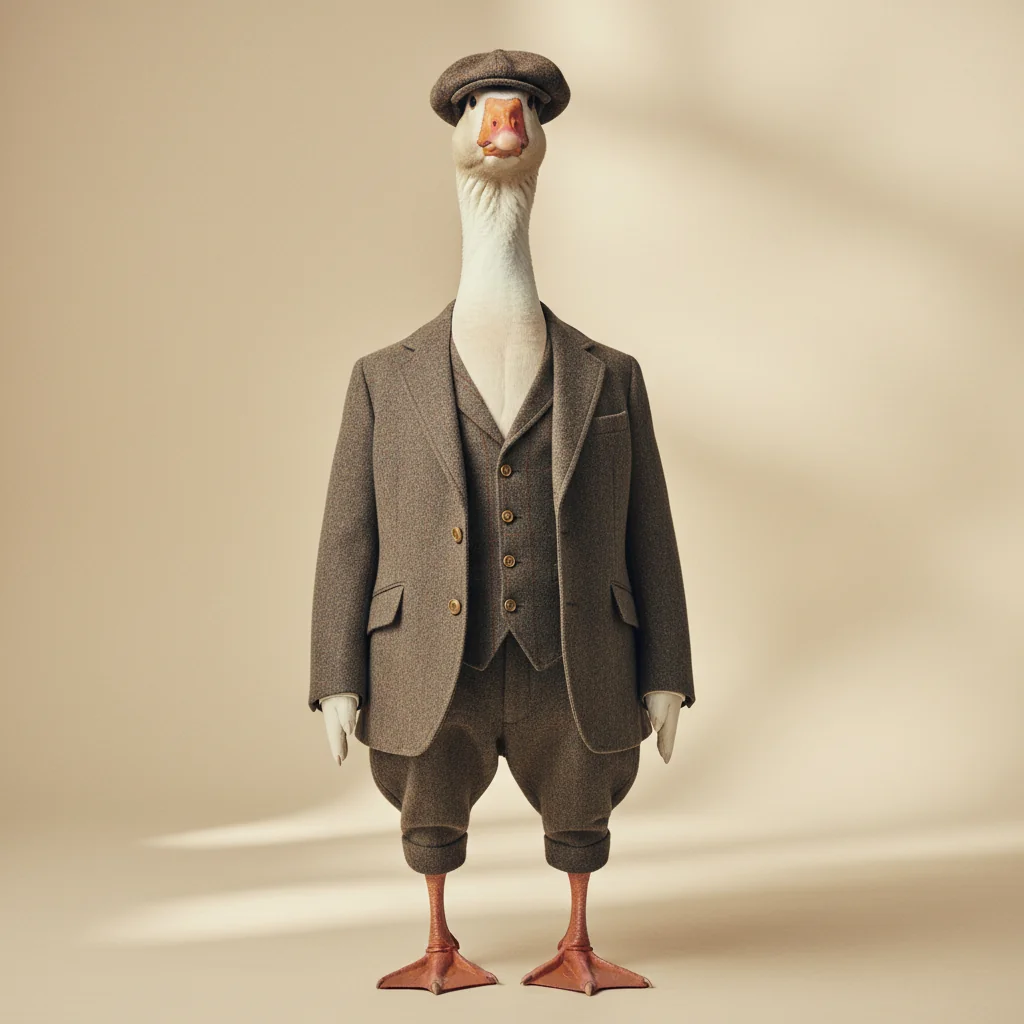Geoffrey, a goose in tweed sporting suit and flat cap.