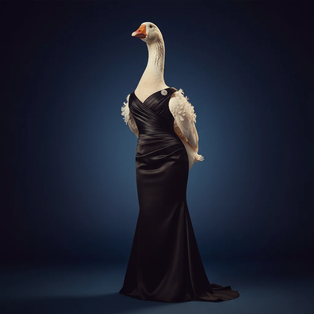 Penelope, a Sebastopol goose in black silk evening gown.