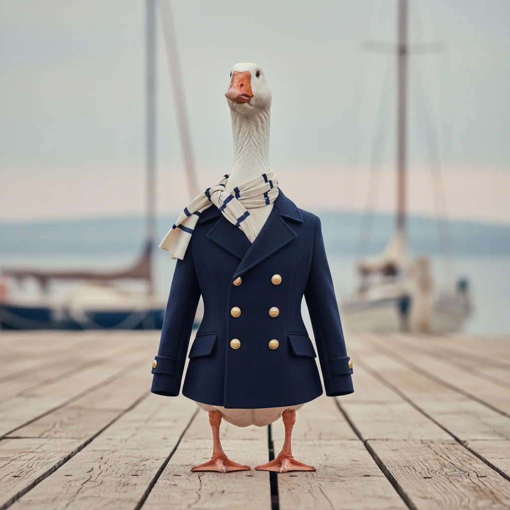 Reginald, a Pomeranian goose in navy peacoat and Breton scarf.