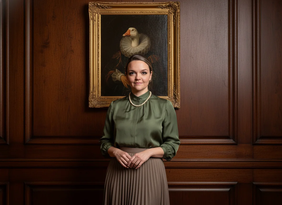 Marci Wake photographed in front of an heirloom goose-portrait.