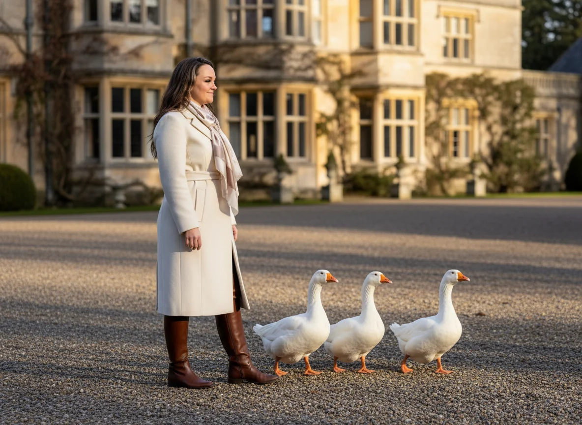 Marci Wake on location at a country house event, watching coordinated geese.