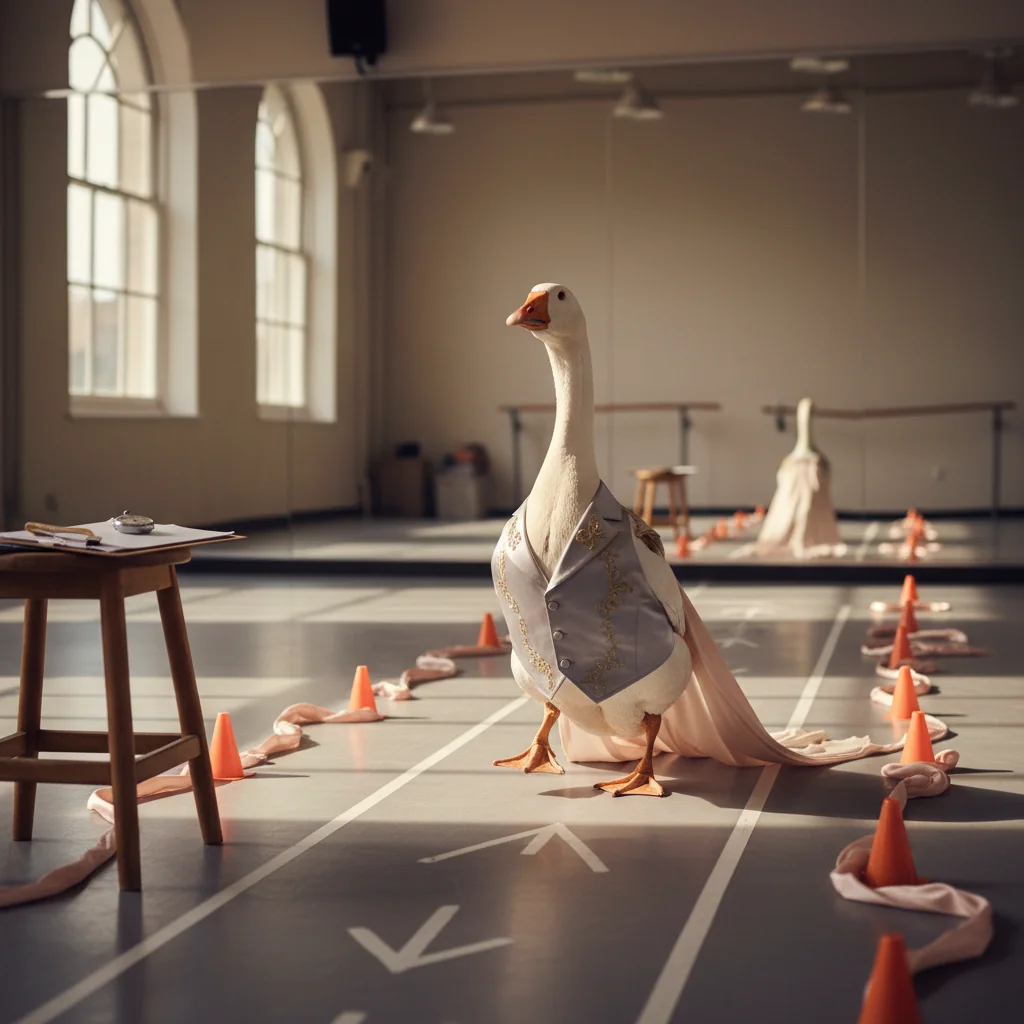 A goose mid-stride on a marked-up rehearsal floor.