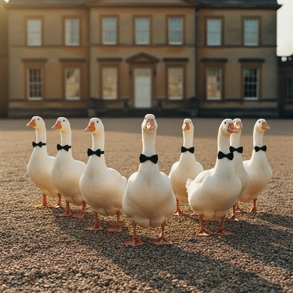 Seven geese in honour-guard formation outside a country house.