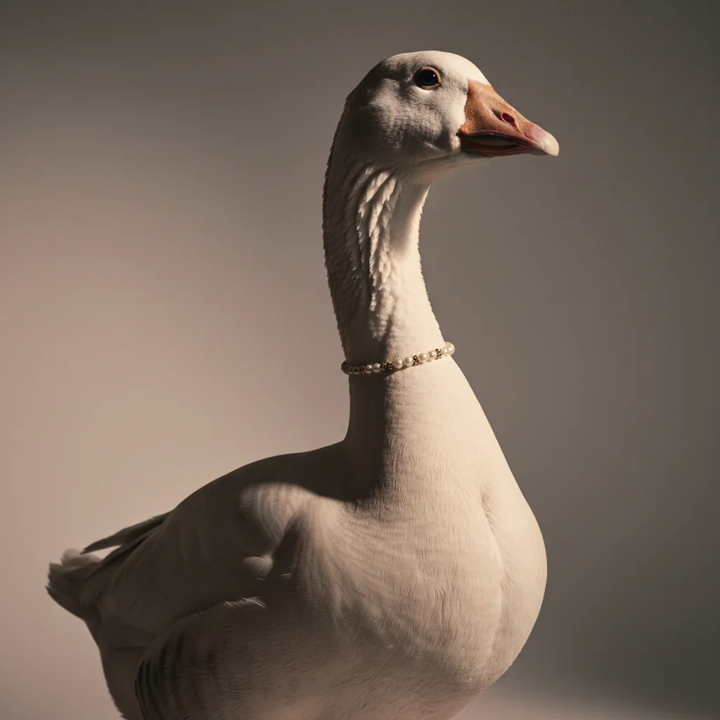 A studio fashion portrait of a Toulouse goose with a pearl choker.