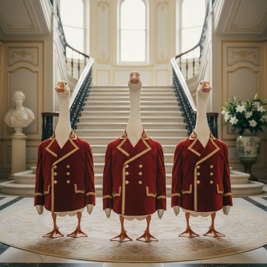 Three geese in red-and-gold livery jackets at the foot of a manor staircase.