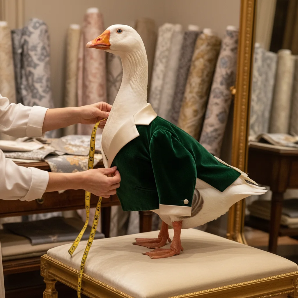 A goose being fitted with a velvet smoking jacket in an atelier.