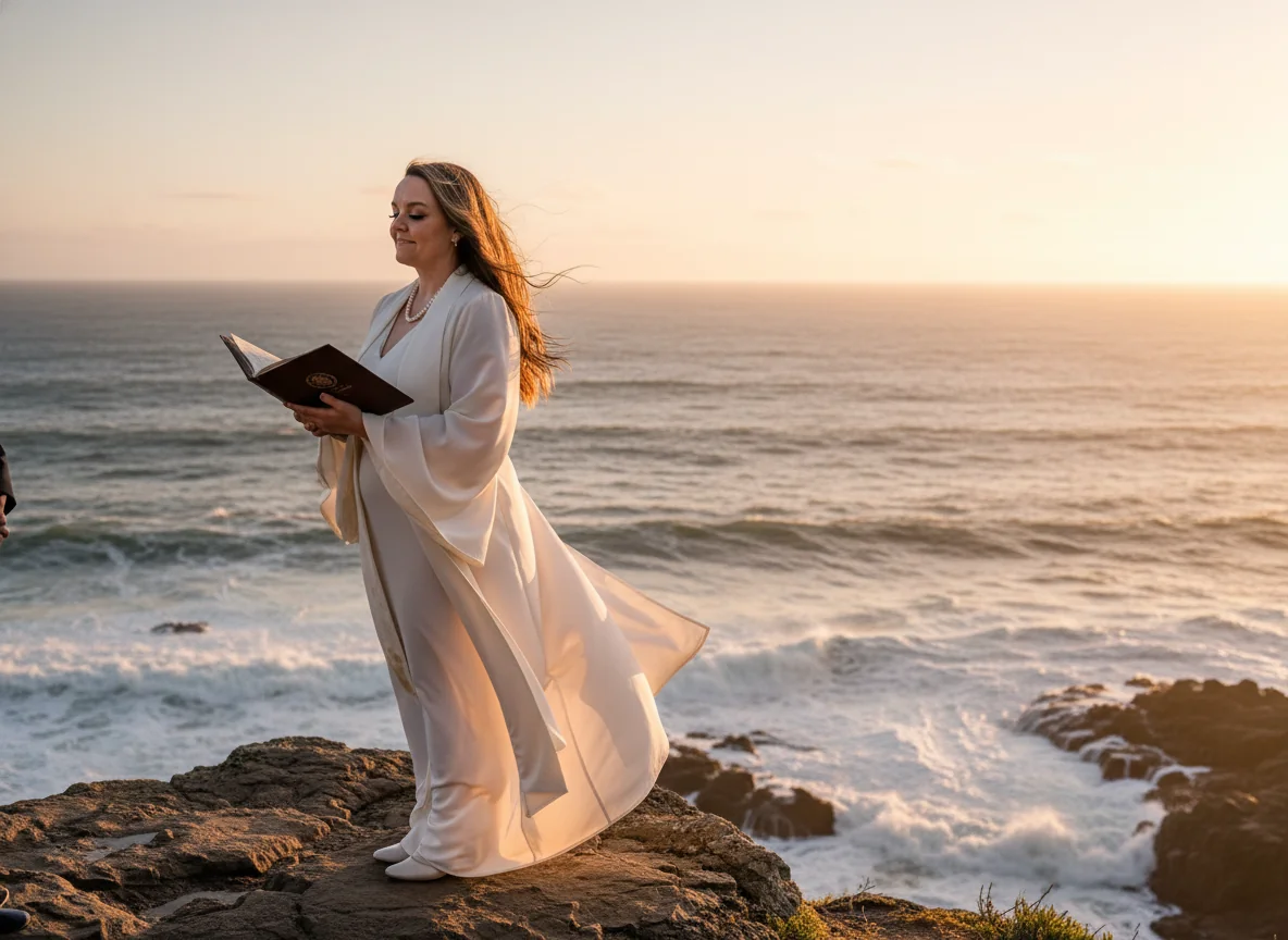 Marci officiating a wedding ceremony at the edge of a sea cliff at golden hour.